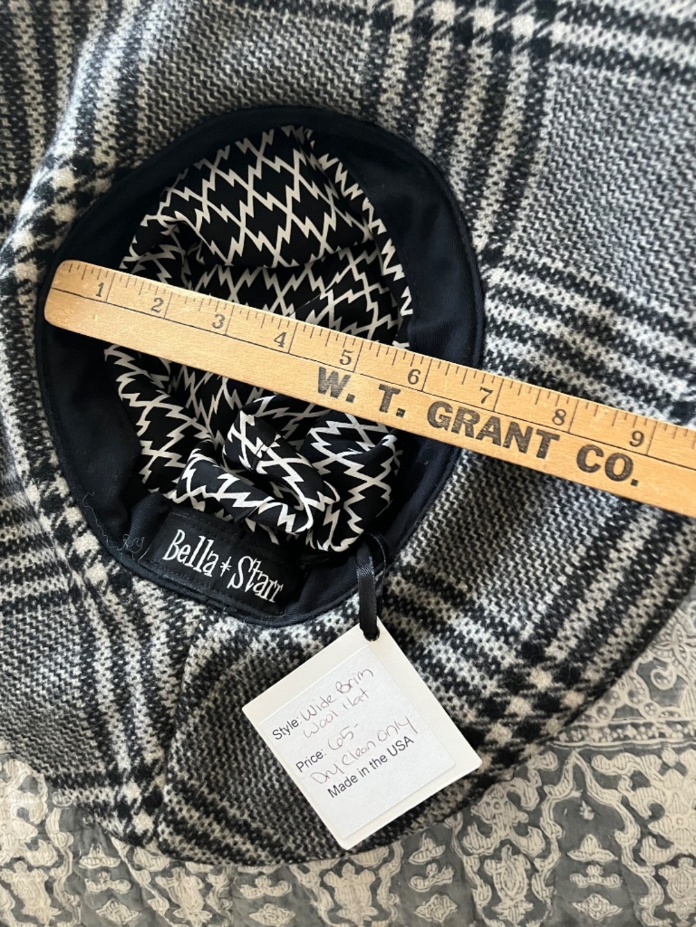 NWT Bella Starr Black/Gray Houndstooth Wide Brim Wool Fedora Hat OS Retro Boho - Picture 7 of 8